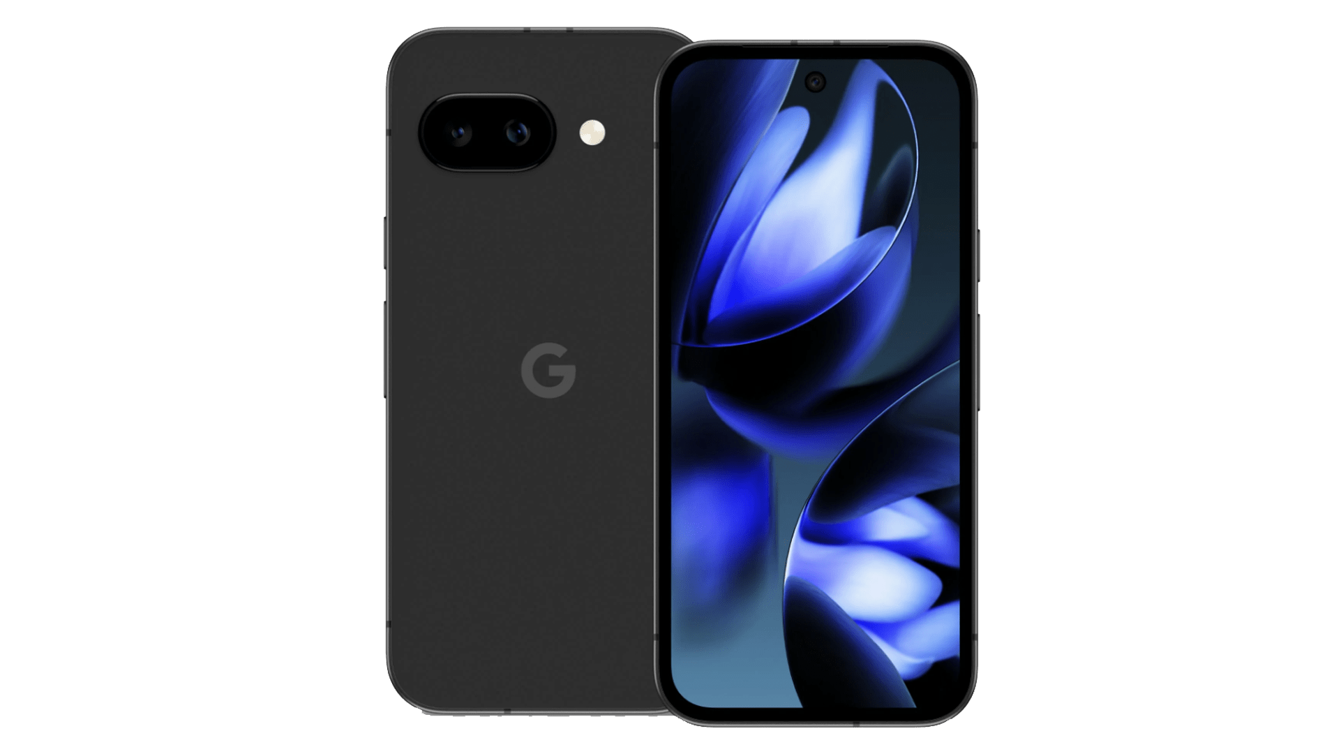 Smartphone Google Pixel 9a, montrant le design avant et arrière avec un écran à motif floral.