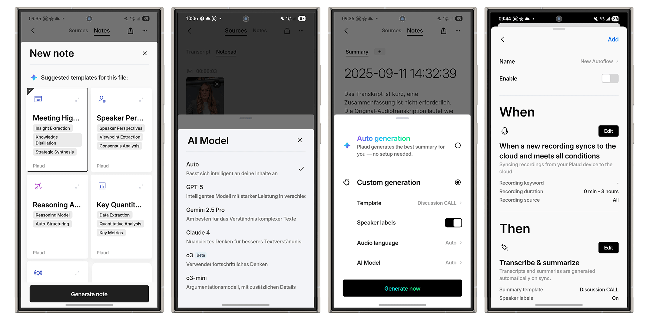 Captures d'écran d'une application de dictaphone montrant des options pour la prise de notes et des paramètres pour la transcription audio.