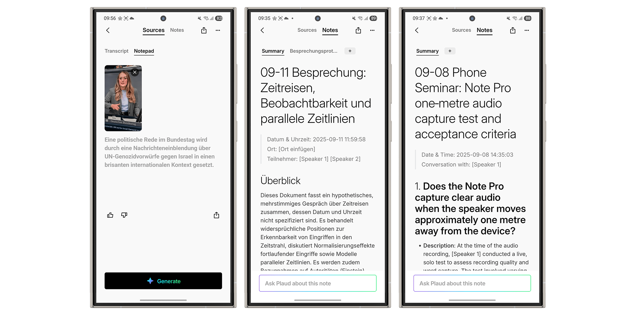 Capture d'écran d'un discours politique et de notes de réunion dans une application mobile.