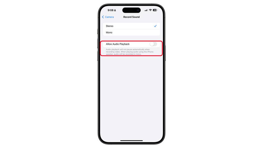 Écran du0027iPhone affichant les paramètres du0027enregistrement avec lu0027option u0027Autoriser la lecture audiou0027 mise en surbrillance.