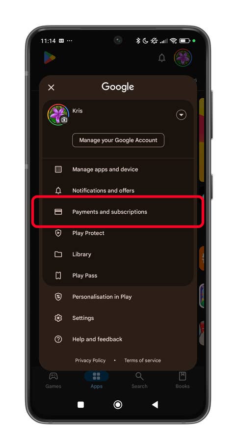 Interface de lu0027application Google affichant des options de menu, y compris Paiements et abonnements.