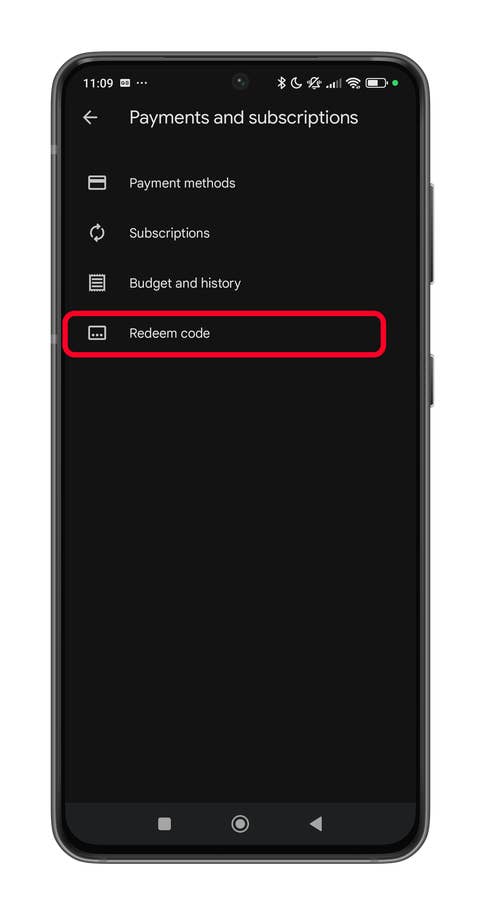 Écran mobile affichant le menu u0027Paiements et abonnementsu0027 avec lu0027option u0027Échanger un codeu0027 en surbrillance.