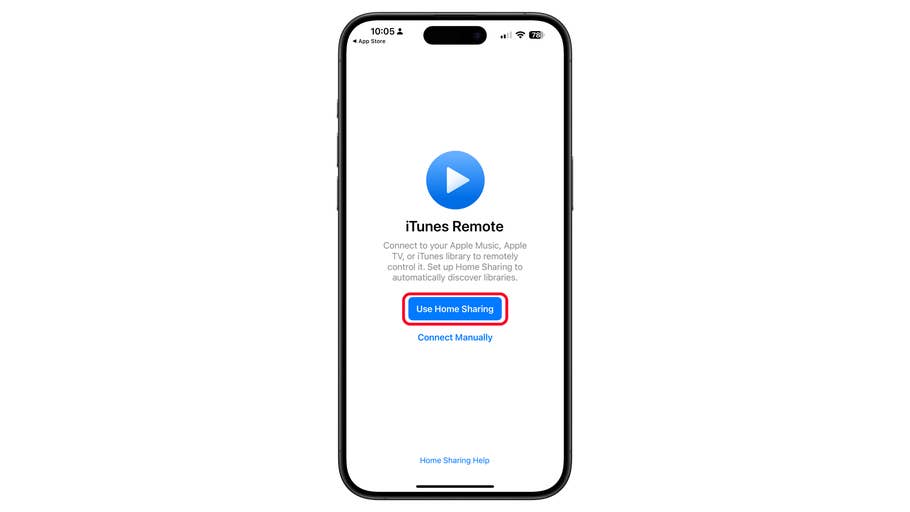 iPhone affichant lu0027écran iTunes Remote avec le bouton u0027Utiliser le partage à domicileu0027 mis en évidence.