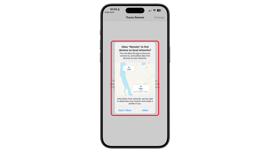 Écran du0027iPhone affichant une invite pour autoriser u0027Remoteu0027 à trouver des appareils sur des réseaux locaux avec les options Autoriser ou Ne pas autoriser.