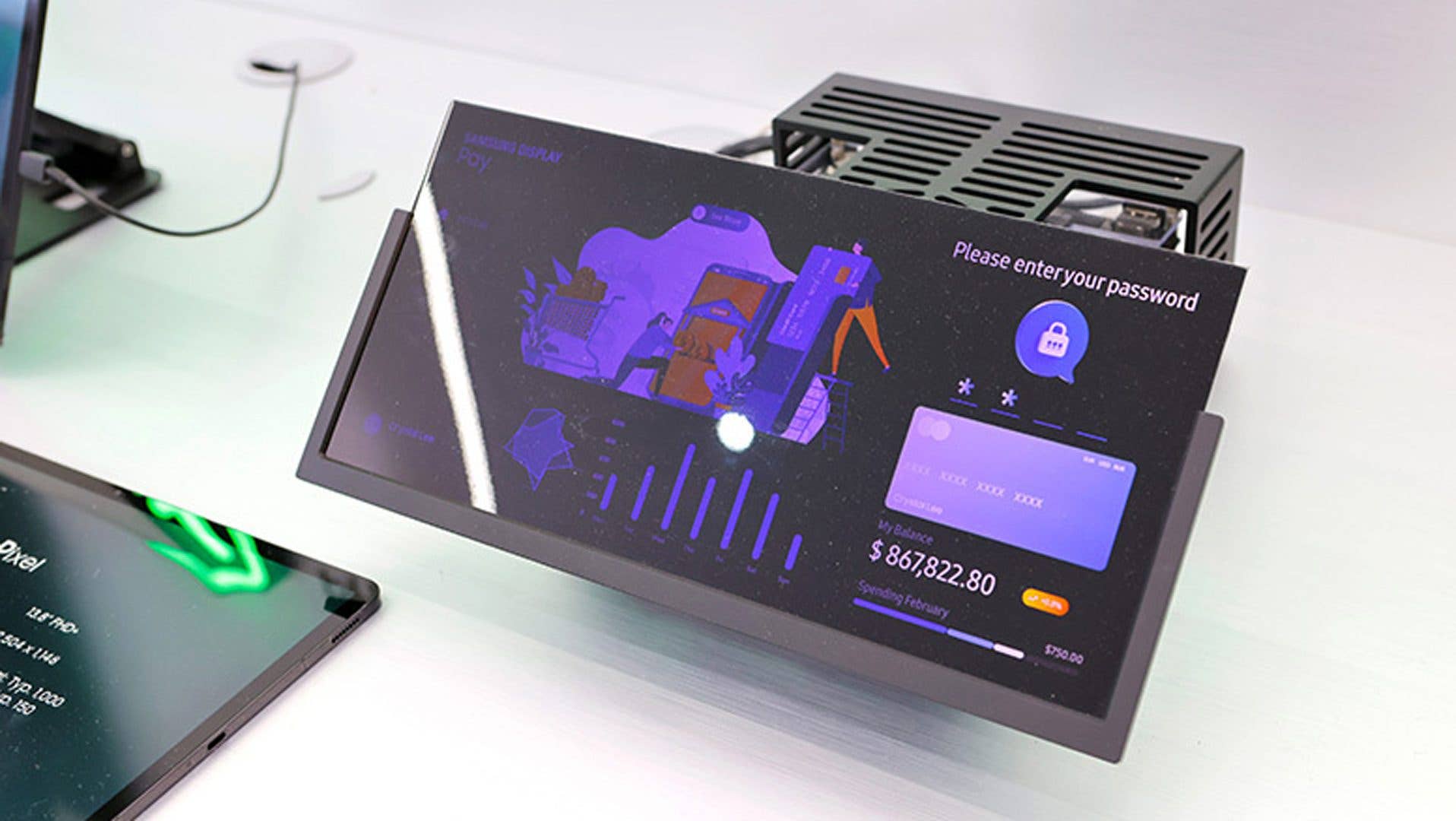 Un écran Samsung demande un mot de passe avec un solde de 867 822,80 $ affiché.