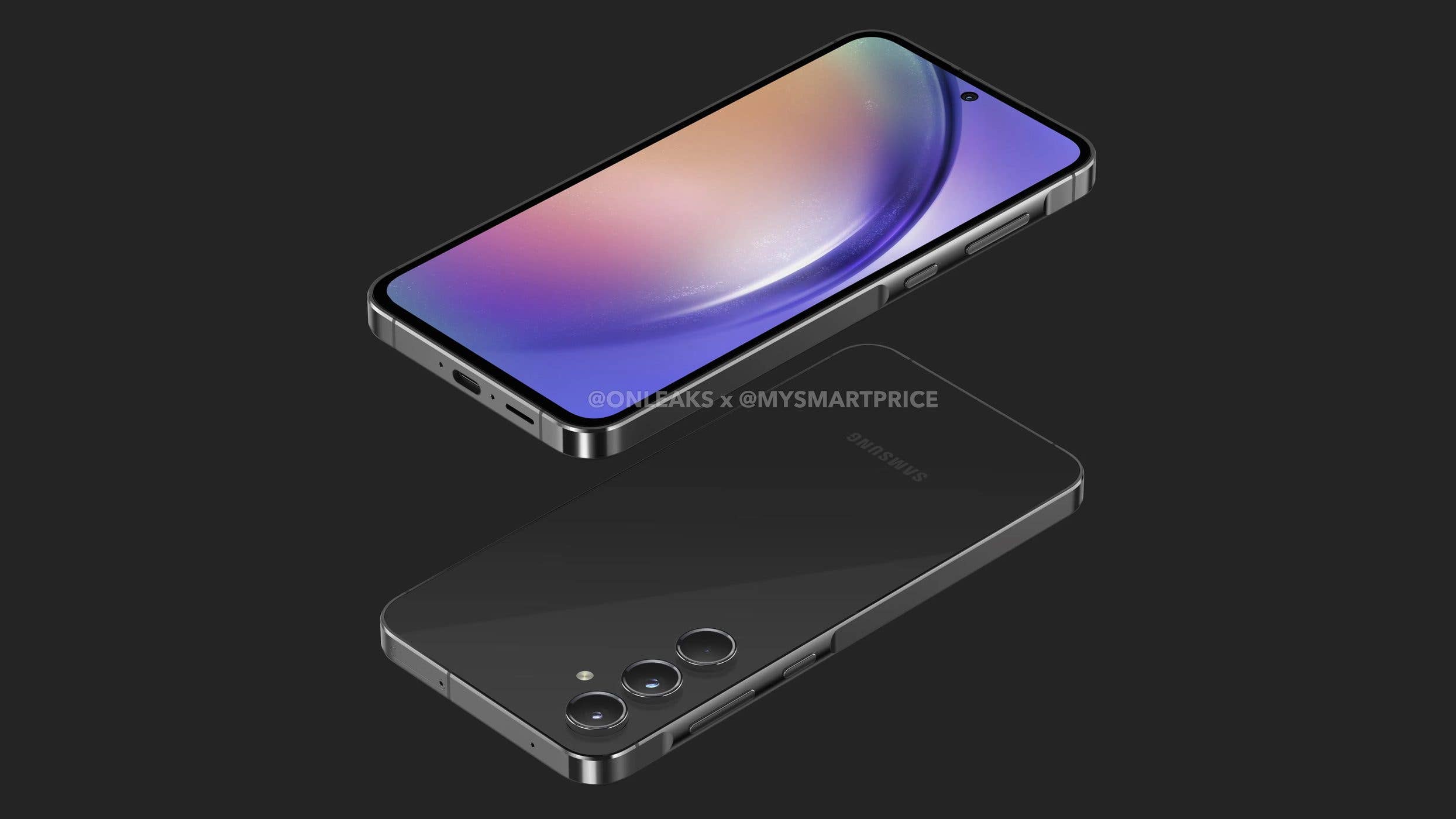 Le Galaxy A55 de Samsung est doté d'une nouvelle grille de haut-parleur et d'une section bombée pour les boutons. / OnLeaks/MySmartPrice