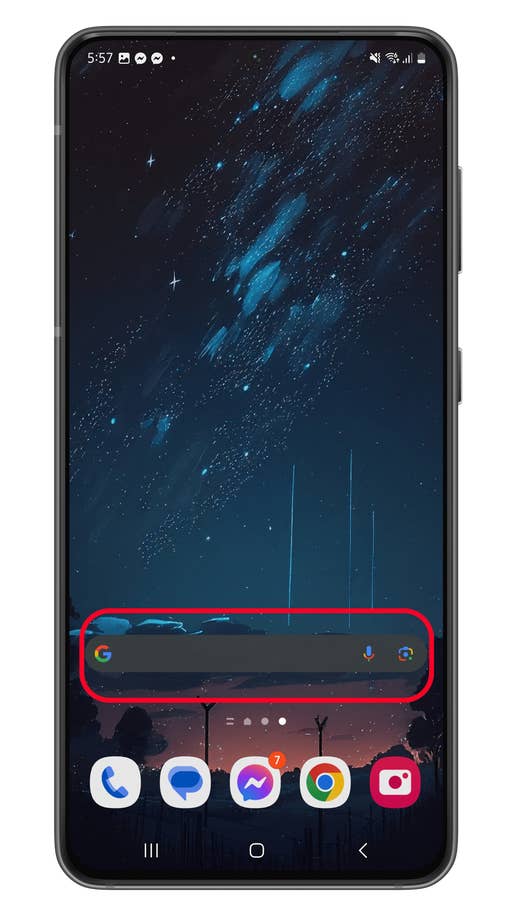 Un écran de smartphone affichant un fond étoilé avec une barre de recherche Google en bas.