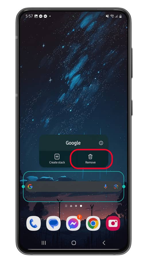 Écran de téléphone Android affichant un fond étoilé avec un widget Google et des options pour créer ou supprimer un empilement.