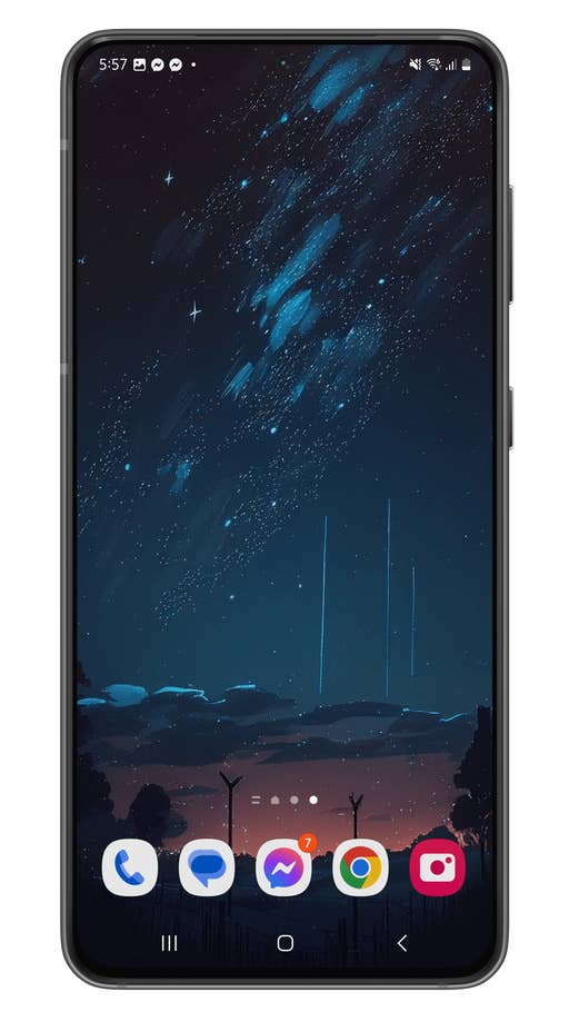 Un smartphone affichant un fond du0027écran étoilé avec diverses icônes du0027applications en bas.