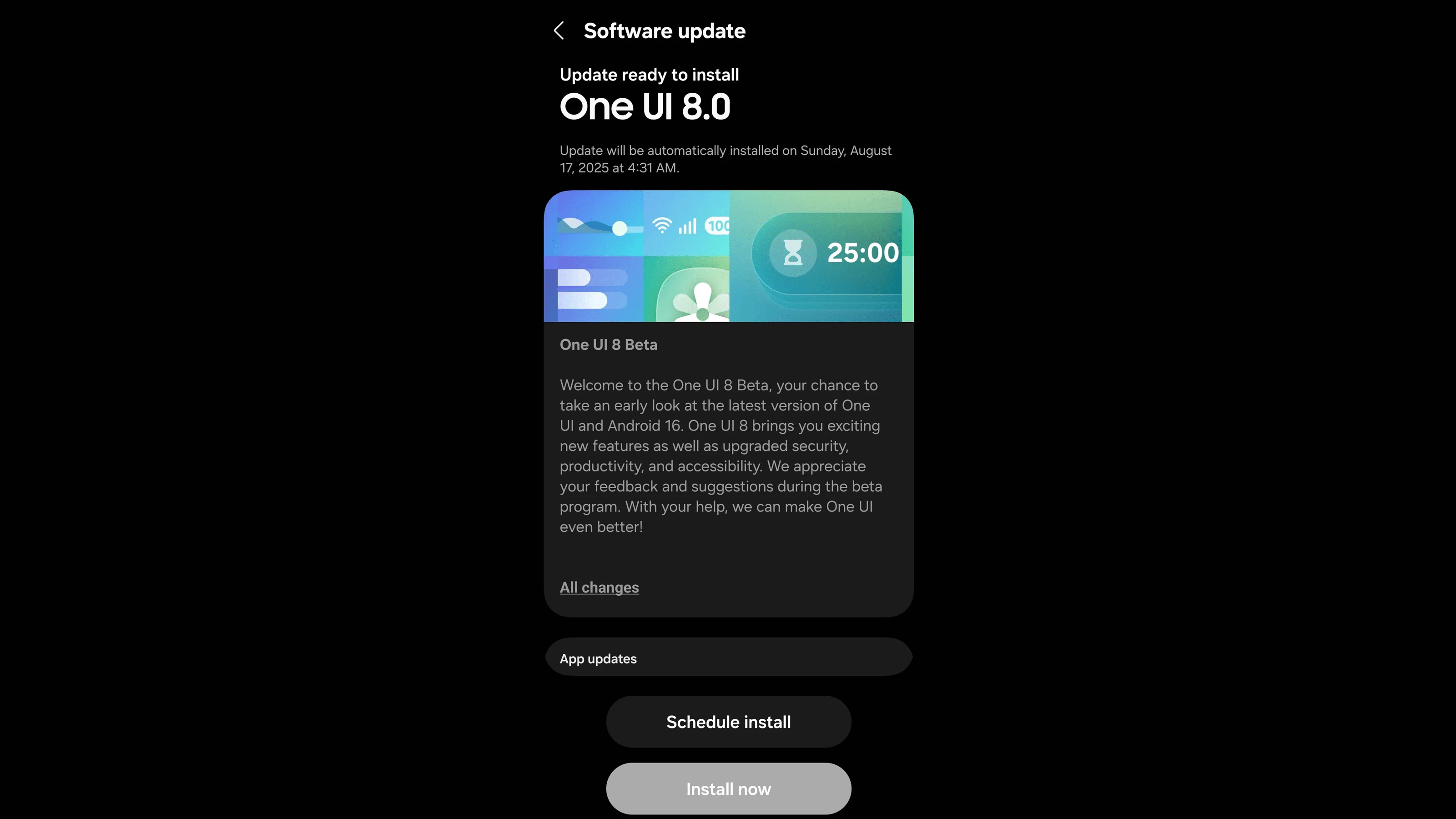 Mise à jour logicielle pour One UI 8.0 prête à être installée sur un Samsung Galaxy S24 Ultra.