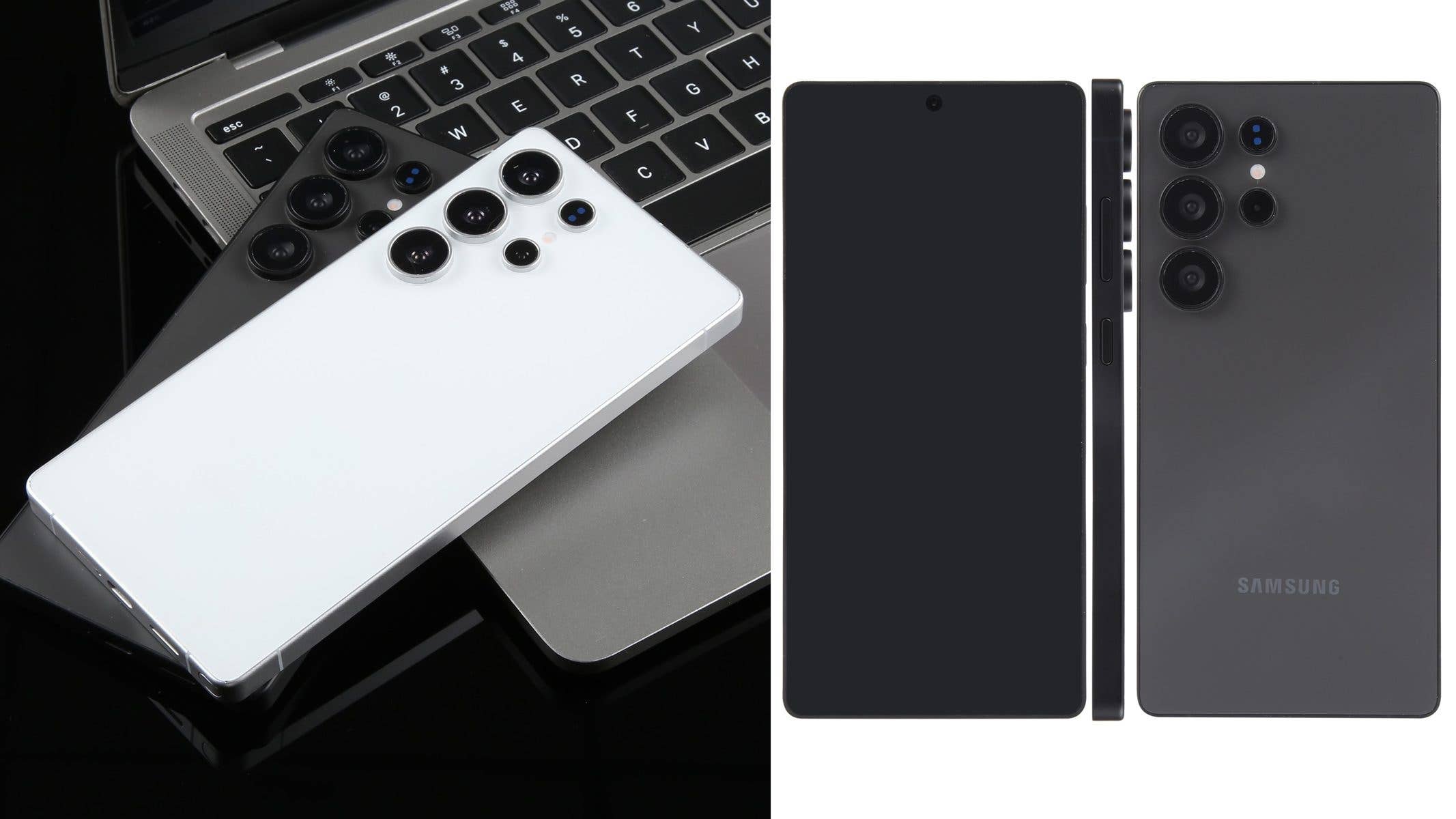 Smartphones Samsung Galaxy S25 Ultra en blanc et noir, affichés sur un clavier d'ordinateur portable.