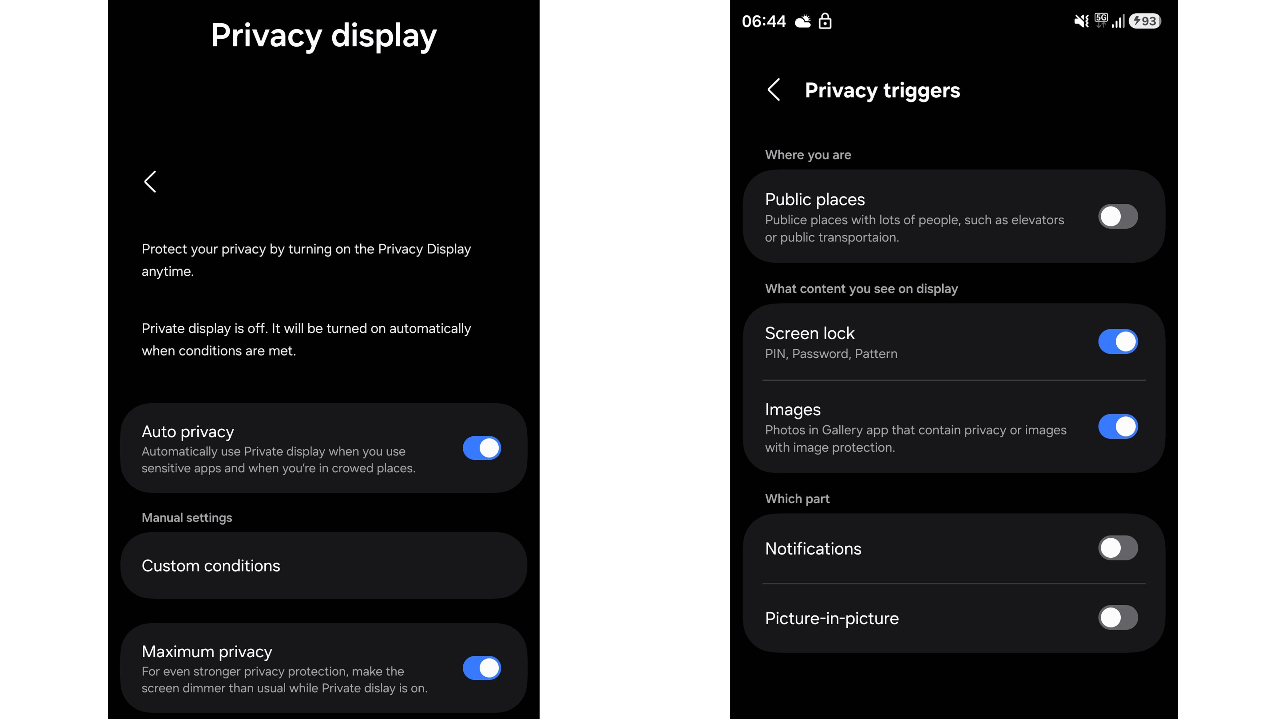 Paramètres pour l'affichage de la confidentialité et les déclencheurs de confidentialité sur Samsung Galaxy S26 Ultra.