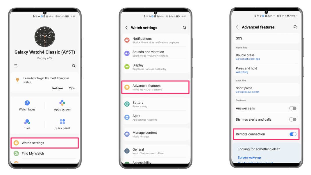 Screenshot, die eine Anleitung zu Samsung Galaxy Watch 4 zeigen.
