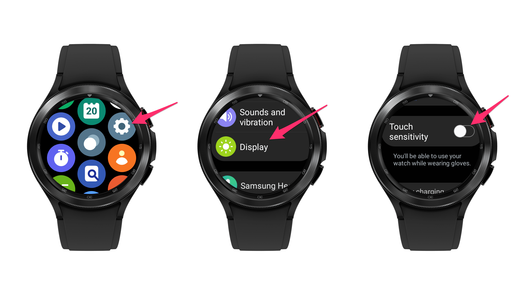 Mit diesen einfachen Schritten könnt Ihr die Berührungsempfindlichkeit der Galaxy Watch 4 verbessern. Screenshots, die zeigen, wie man den Handschuh-Modus der Samsung Galaxy Watch 4 aktiviert.