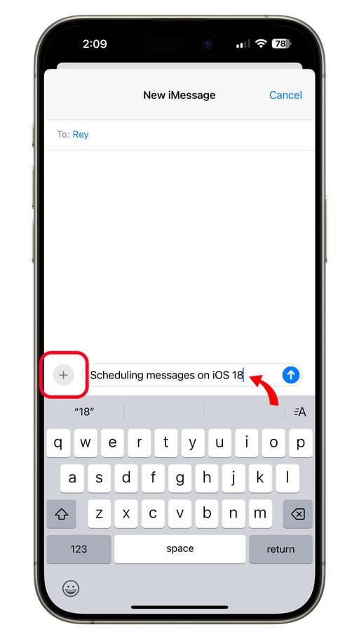Écran du0027iPhone affichant un nouveau message avec le texte u0027Planification des messages sur iOS 18u0027.