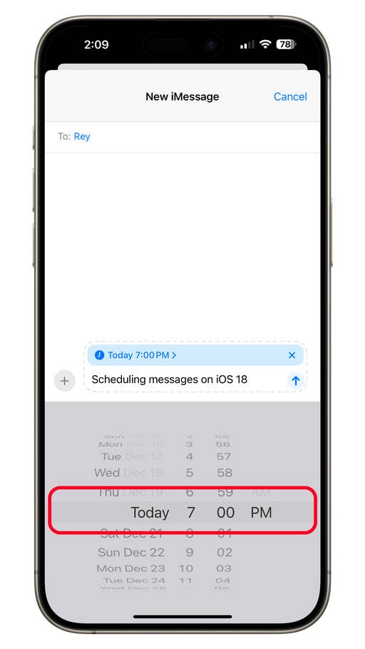Écran iMessage sur iOS 18 montrant un message programmé pour aujourdu0027hui à 19h00.