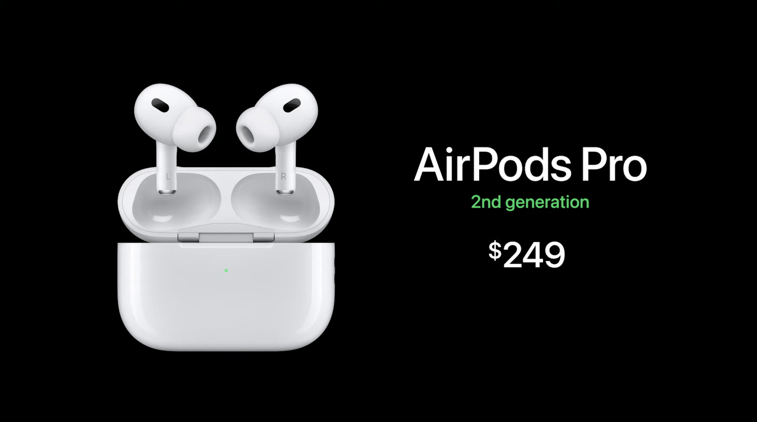 Die neuen AirPods im Case, daneben der Preis von 249 Dollar