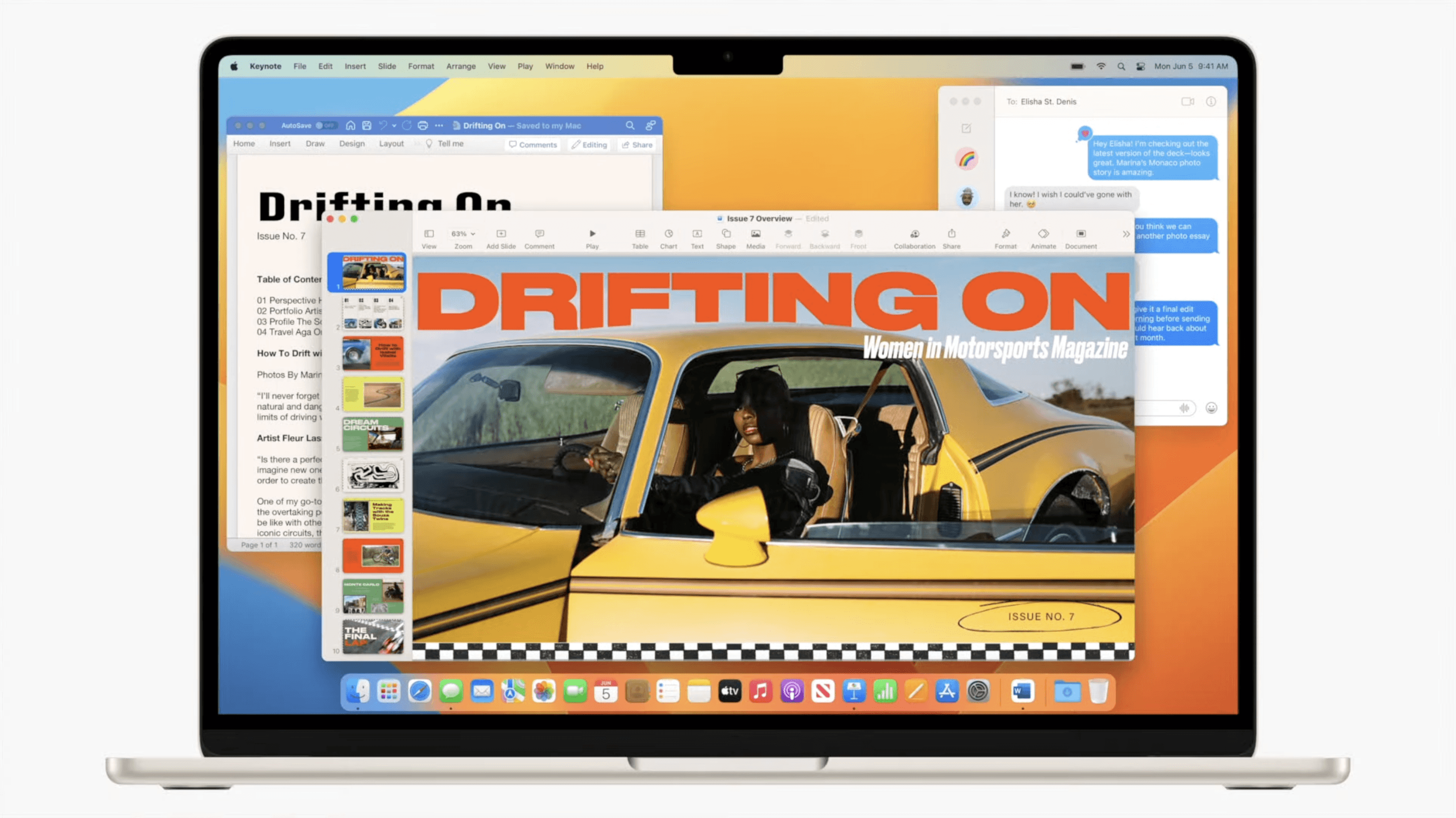 MacBook Air 2023 affichant une couverture de magazine intitulée 'Drifting On' et une présentation Keynote.