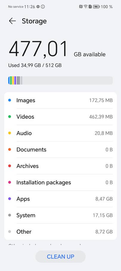 Capture du0027écran du Magic V3 montrant les paramètres de stockage, avec 34,99 Go du0027espace utilisé
