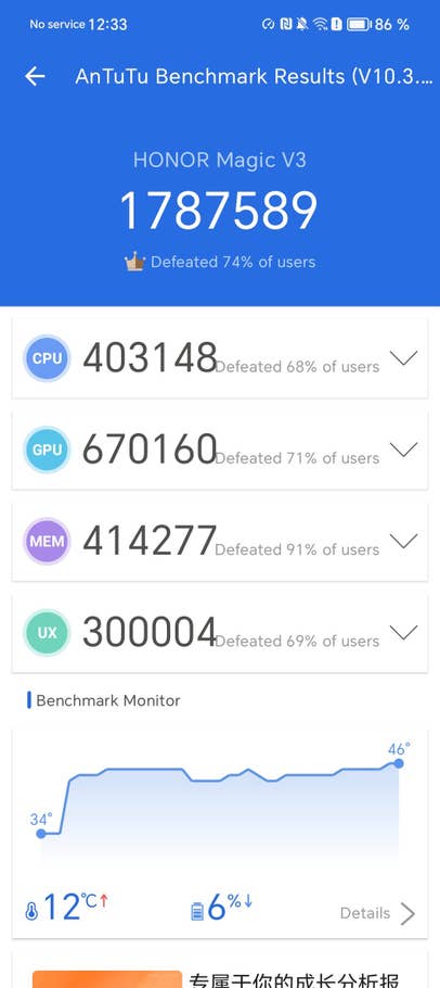 Capture du0027écran du Honor Magic V3 montrant le résultat du benchmark du0027AnTuTu