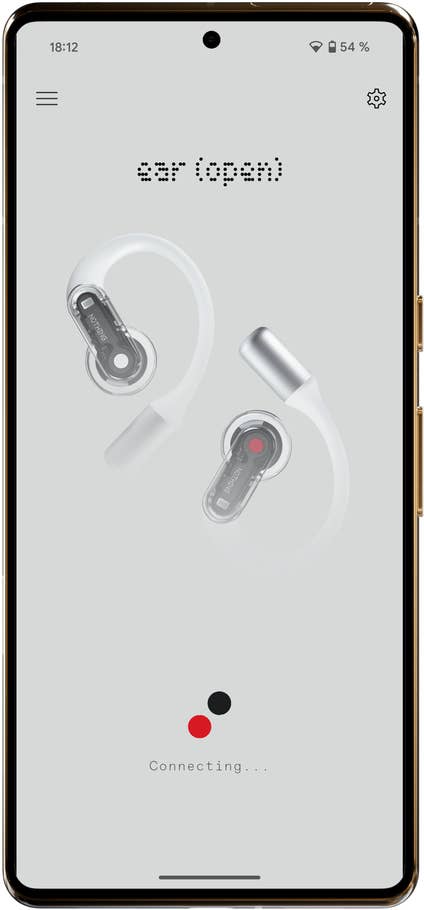 Lu0027application Nothing Ear (open) affichant lu0027état de connexion et le design des écouteurs.