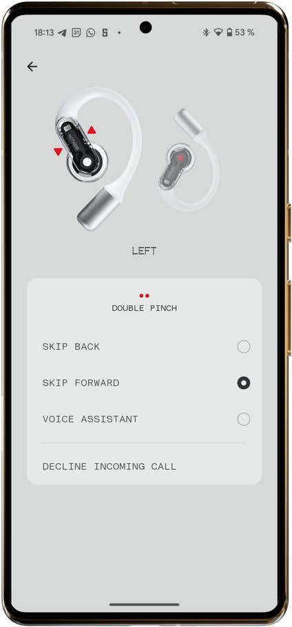 Lu0027application montrant les commandes pour les écouteurs Nothing Ear (open).