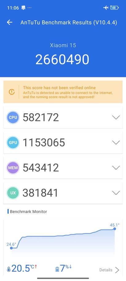 Score AnTuTu Xiaomi 15 : 2660490. CPU : 582172, GPU : 1153065, MEM : 543412, UX : 381841.