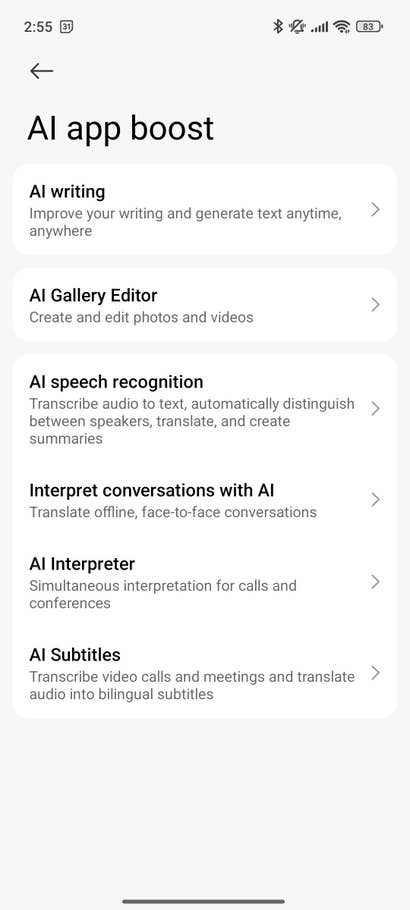 Fonctions du0027optimisation IA pour le Xiaomi 15 Ultra : écriture IA, éditeur de galerie, reconnaissance vocale, interprète et sous-titres.