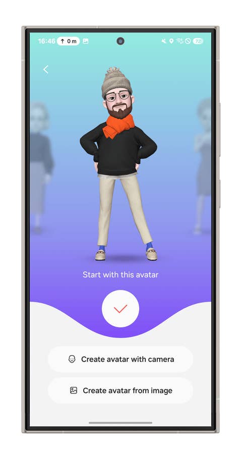 Écran de création du0027avatar avec un avatar personnalisable et options pour créer avec la caméra ou une image.