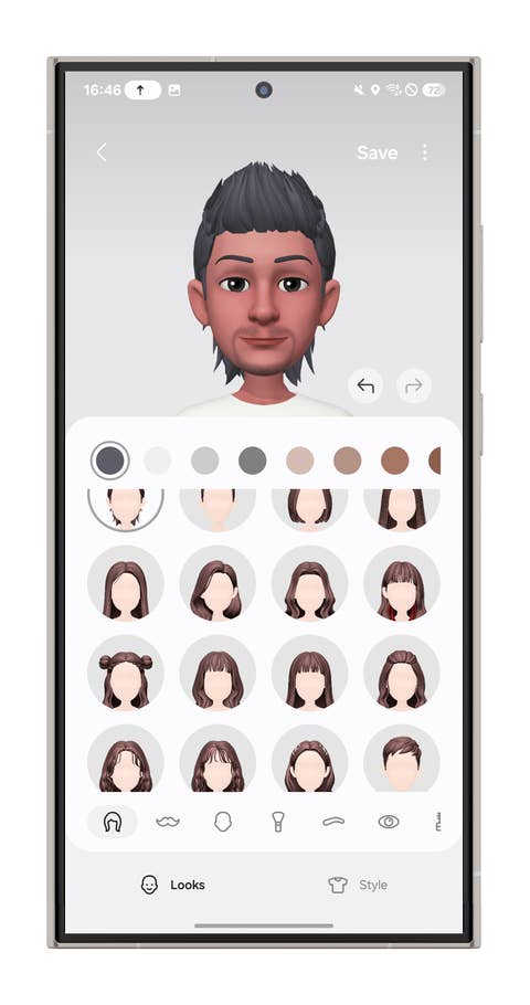 Écran de personnalisation du0027avatar avec un personnage 3D et différentes options de coiffure.
