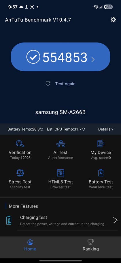 Résultats du test AnTuTu Benchmark V10.4.7 pour Samsung Galaxy A26 avec un score de 554853.