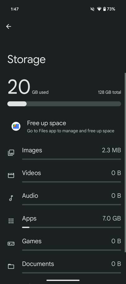 Interface de stockage du Google Pixel 9a montrant 20 Go utilisés sur 128 Go au total.