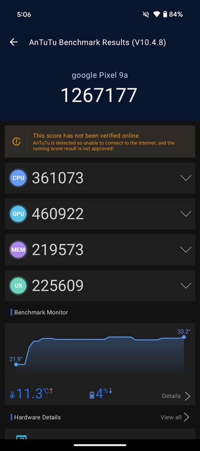 Résultats du benchmark AnTuTu pour Google Pixel 9a : score 12671777, CPU 361073, GPU 460922, MEM 219573, UX 225609.