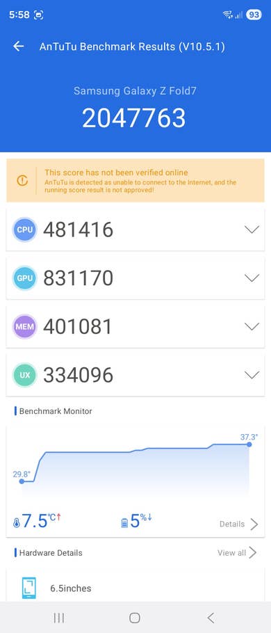 Résultats du benchmark AnTuTu pour le Samsung Galaxy Z Fold 7 : score total 2047763, CPU 481416, GPU 831170, MEM 401081, UX 334096.