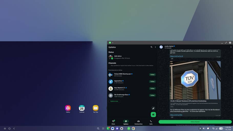 Capture du0027écran du Samsung Galaxy Z Fold 7 affichant une interface de mises à jour numériques avec des options de statut et de canal.