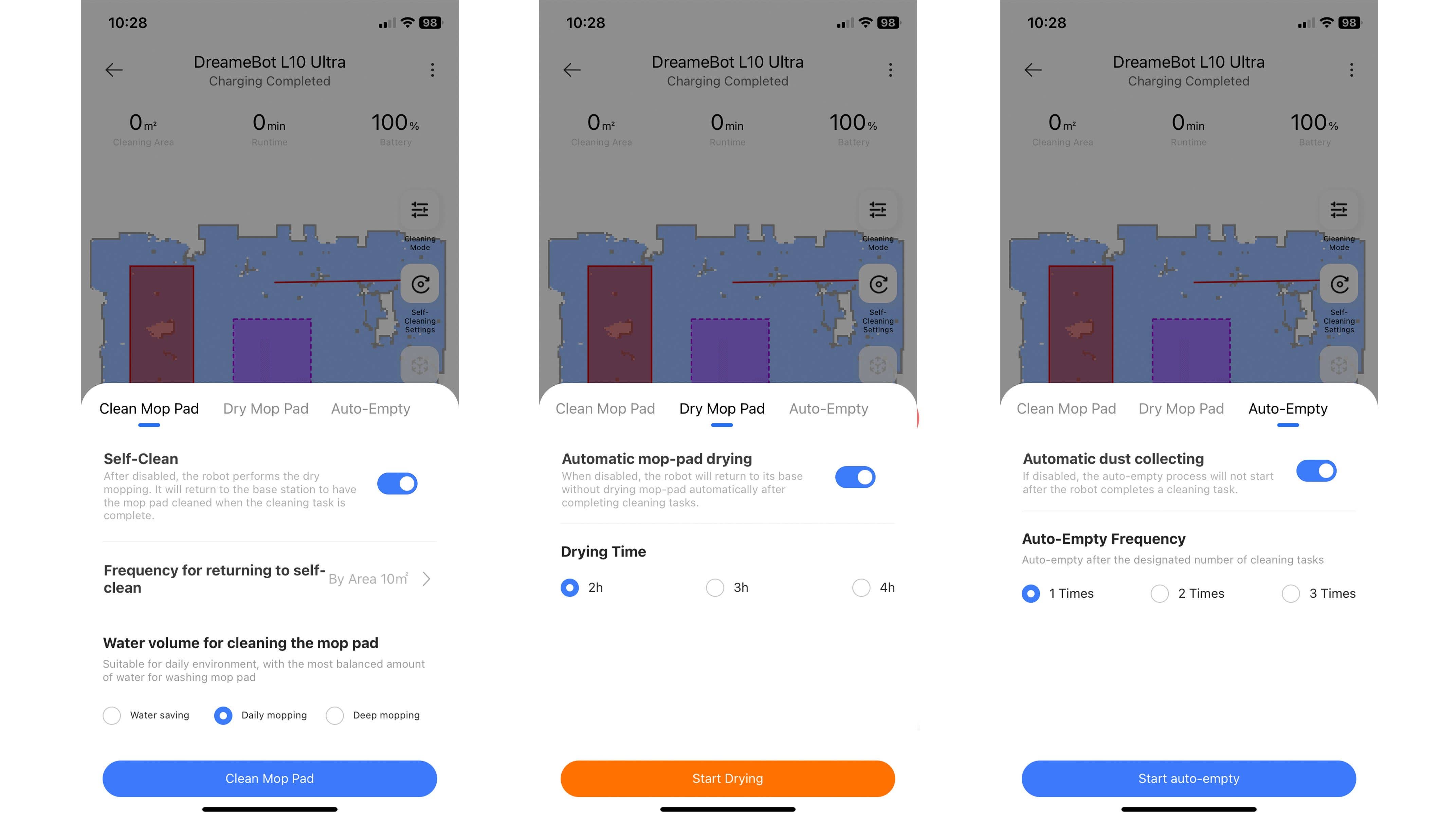 Captures d'écran application Dreamehome pour le nettoyage automatique dans la station d'accueil