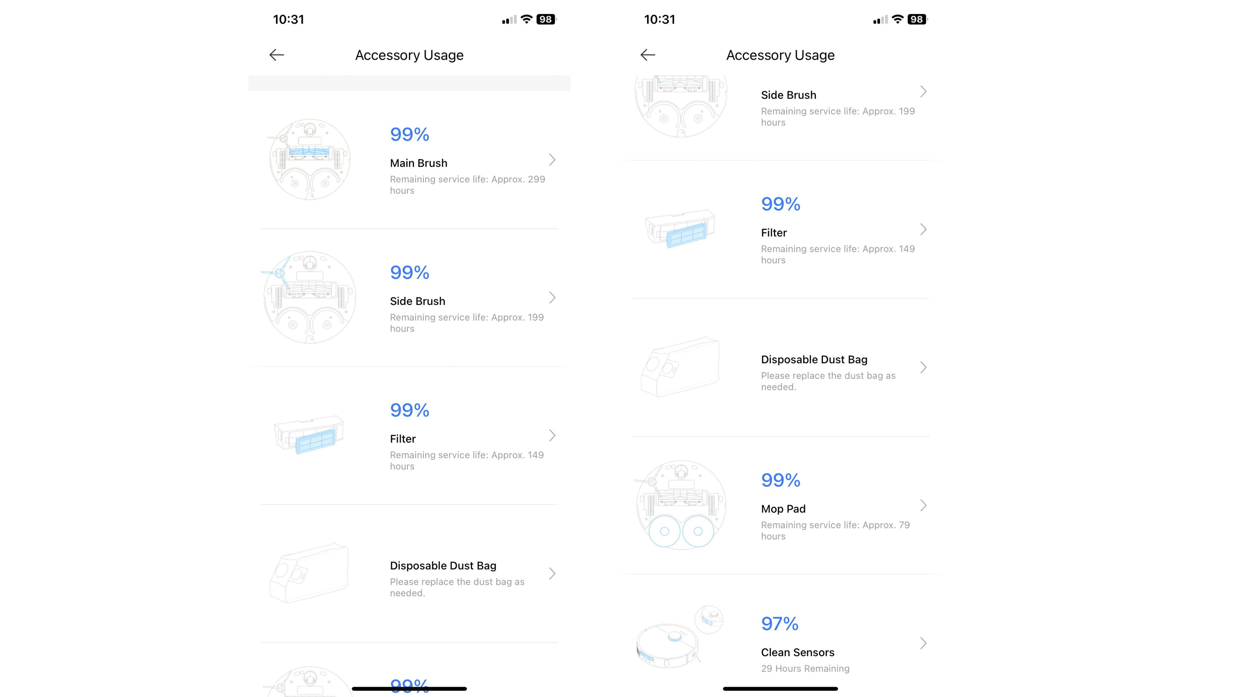 Captures d'écran application Dreamehome pour vérifier l'état des composants du robot