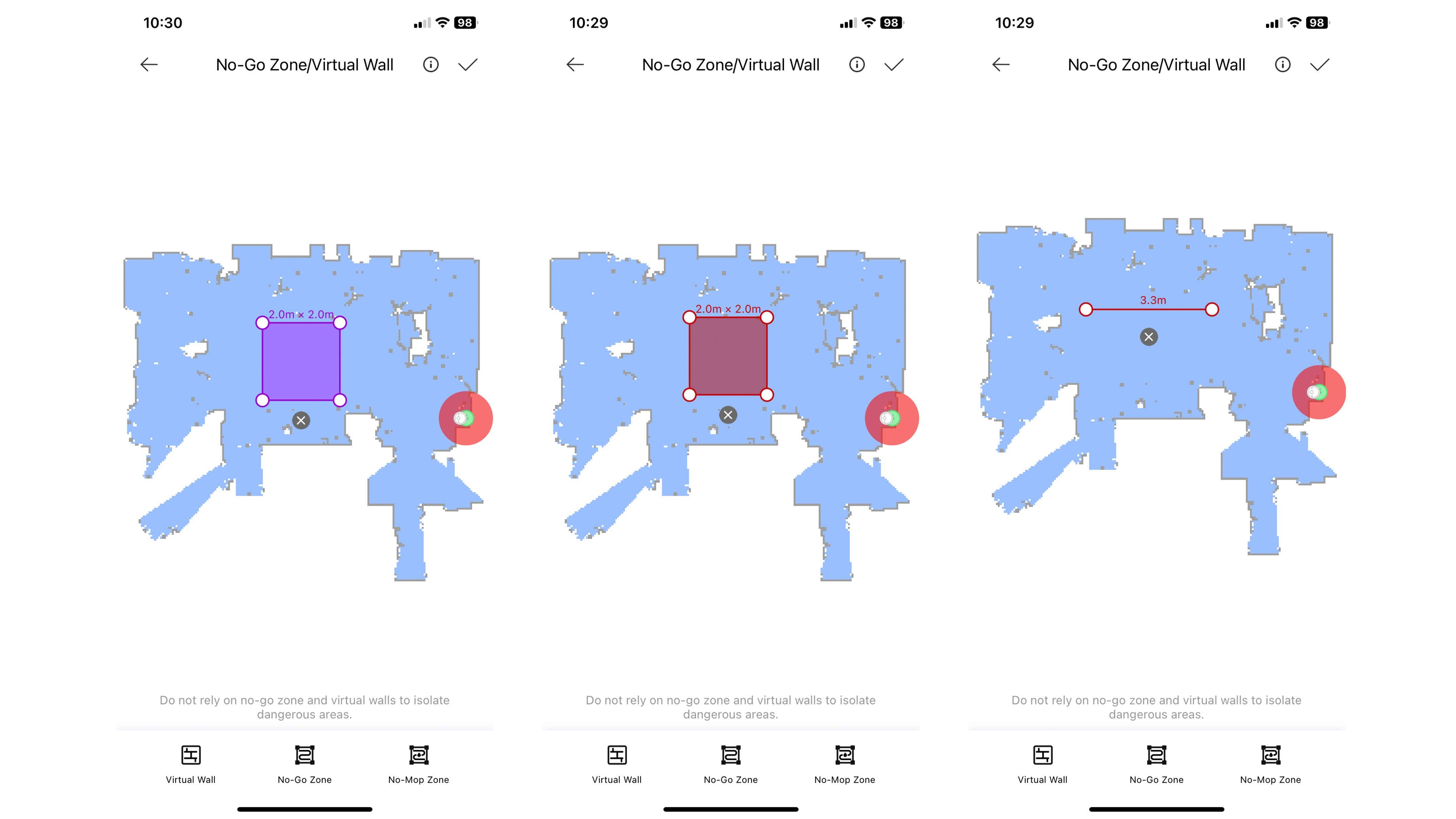 Captures d'écran application Dreamehome pour définir les zones à éviter