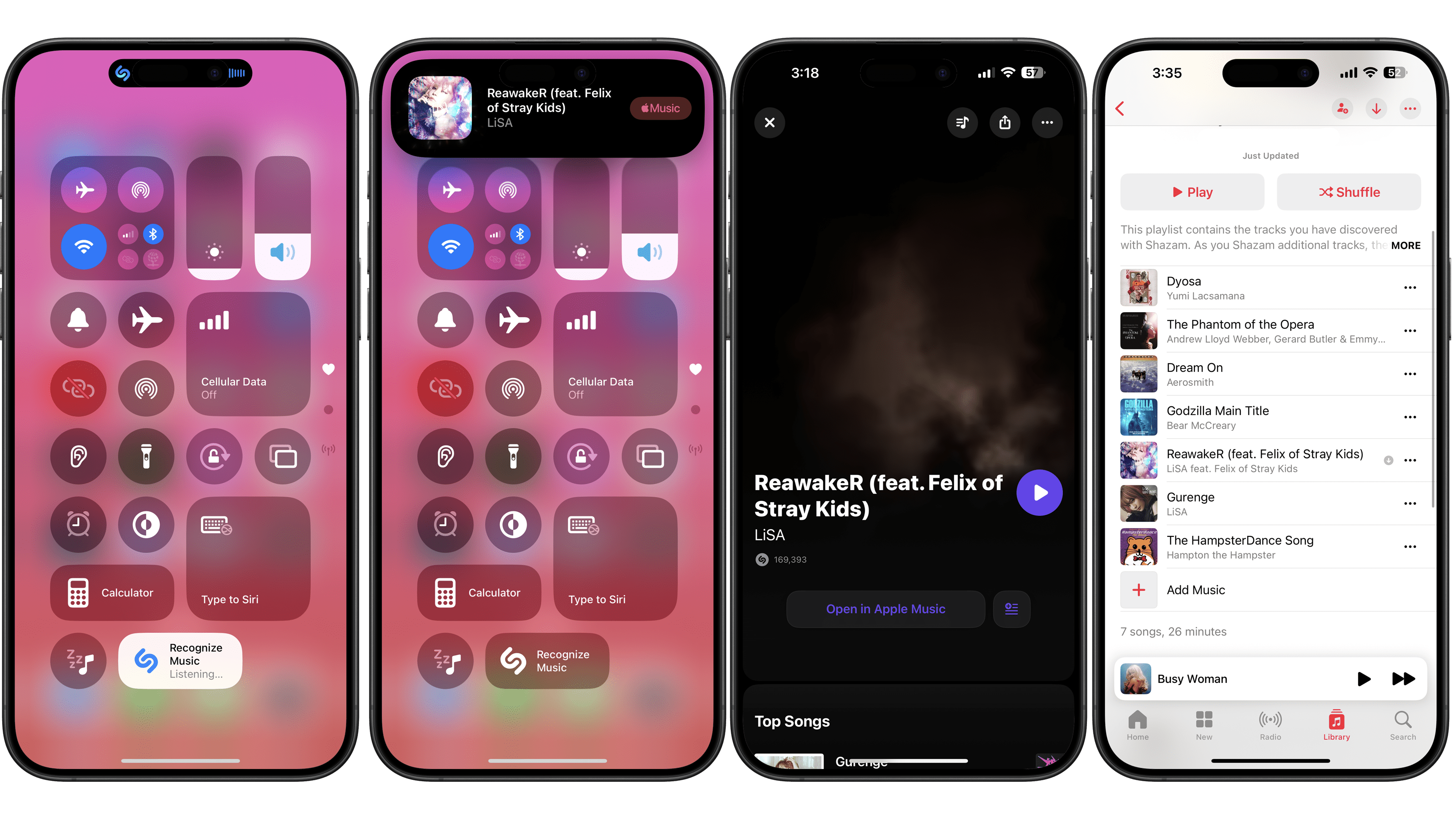 Quatre écrans de smartphone affichant des fonctionnalités de reconnaissance musicale et des listes de lecture dans une interface colorée.