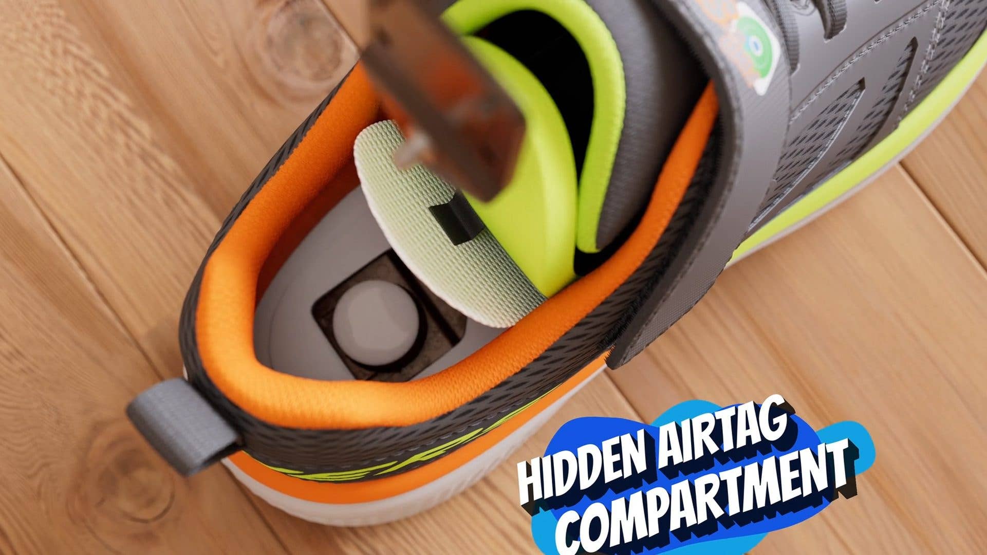 Une vue de dessus d'une chaussure Skechers montrant un compartiment AirTag caché.