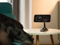 Un iPhone posé sur une table, présentant la fonction Smart Display d'iOS 17, tandis qu'un chien se prélasse sur le canapé.