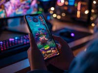 Une personne tenant un smartphone, jouant à un jeu mobile coloré avec des graphiques vibrants.