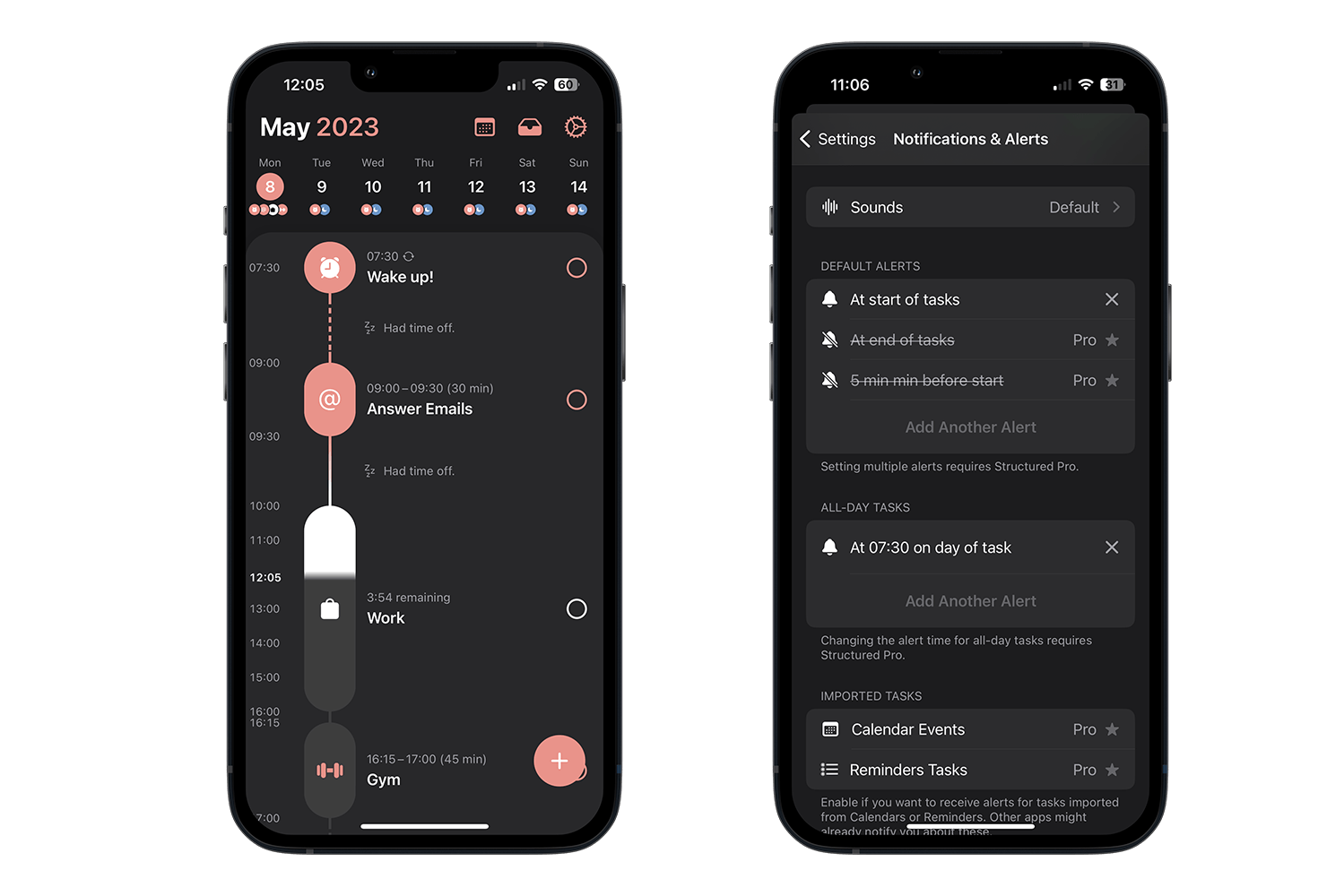 Aperçu du calendrier et des paramètres de l'application Structured