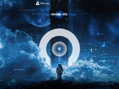 Une silhouette se tient sur une surface couverte de nuages, regardant une structure futuriste et le texte 'BABEL - OS'.