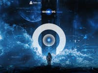 Une silhouette se tient sur une surface couverte de nuages, regardant une structure futuriste et le texte 'BABEL - OS'.