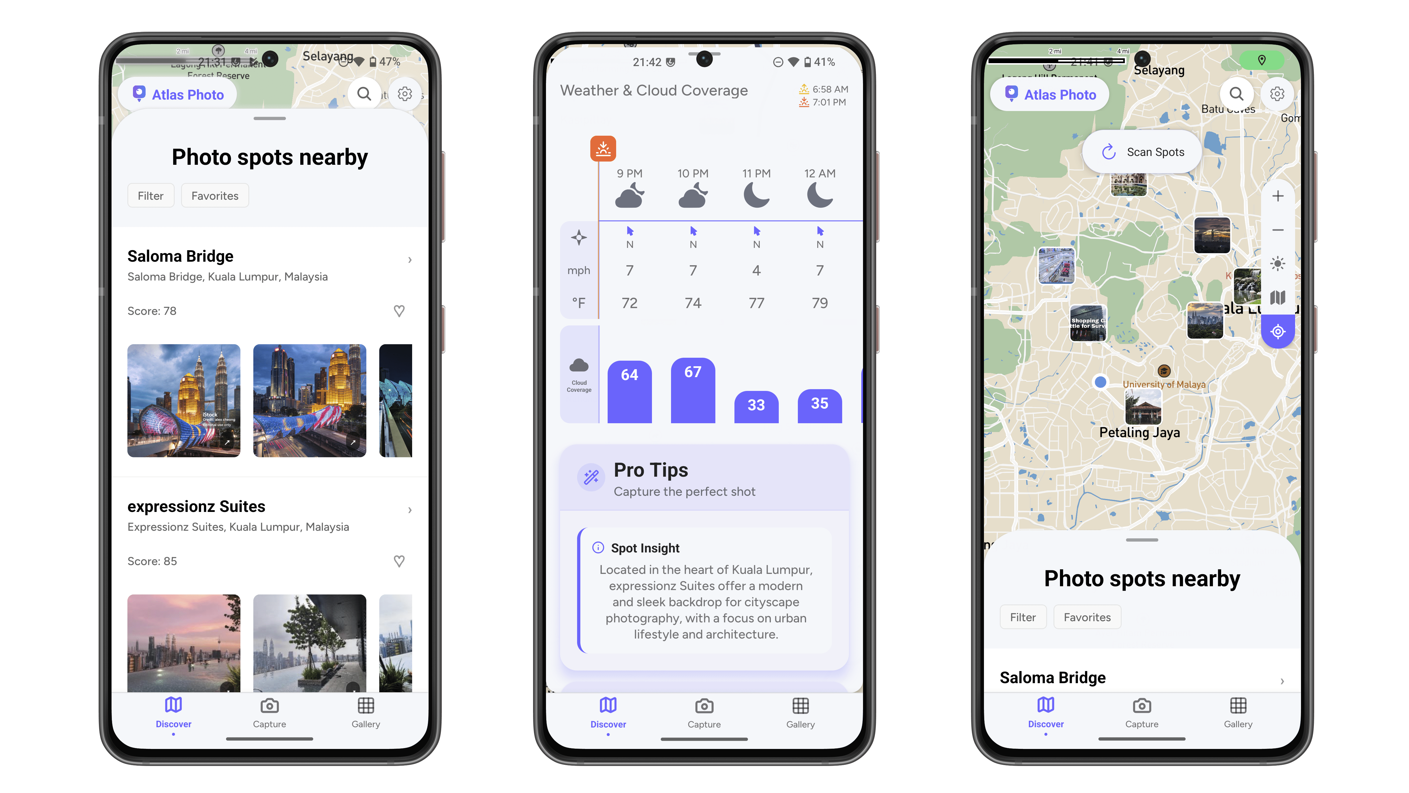 Trois écrans de smartphone affichant des recommandations de lieux photo et des informations météorologiques.