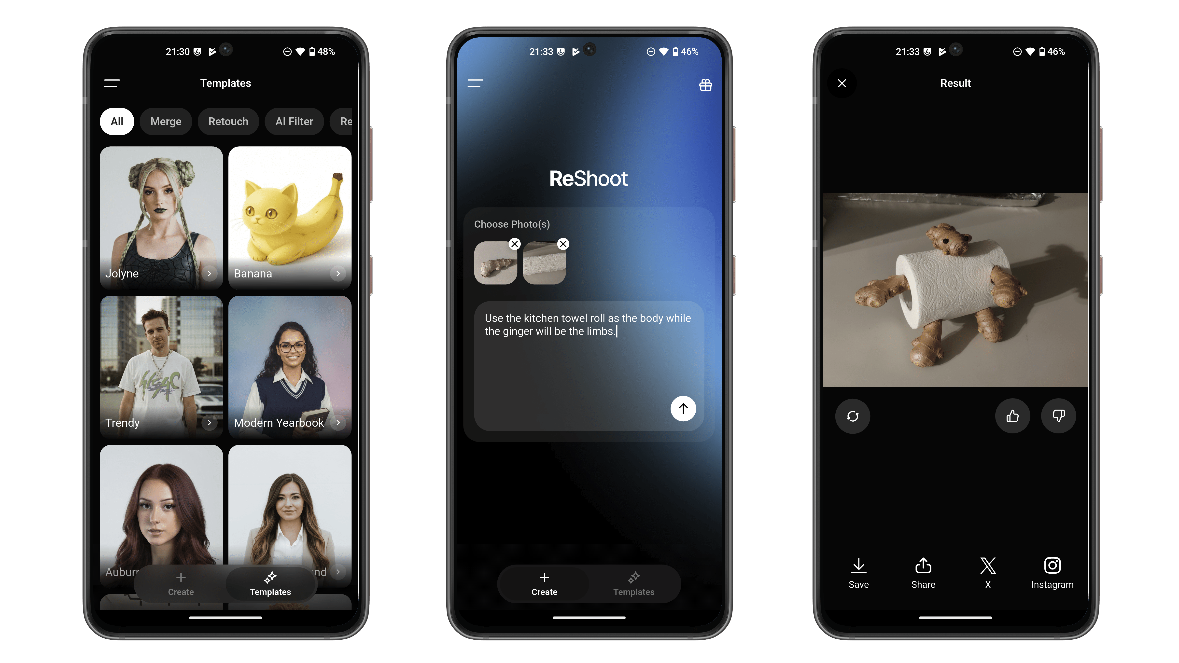 Trois écrans de smartphone affichant des modèles de retouche photo et un projet créatif impliquant un ours en peluche.