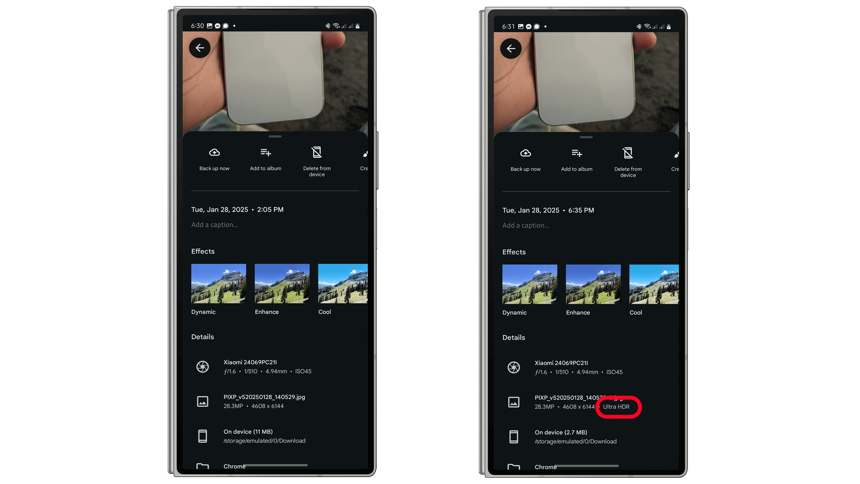 Un smartphone affichant les détails de la photo avec des options de paramètres et d'effets.