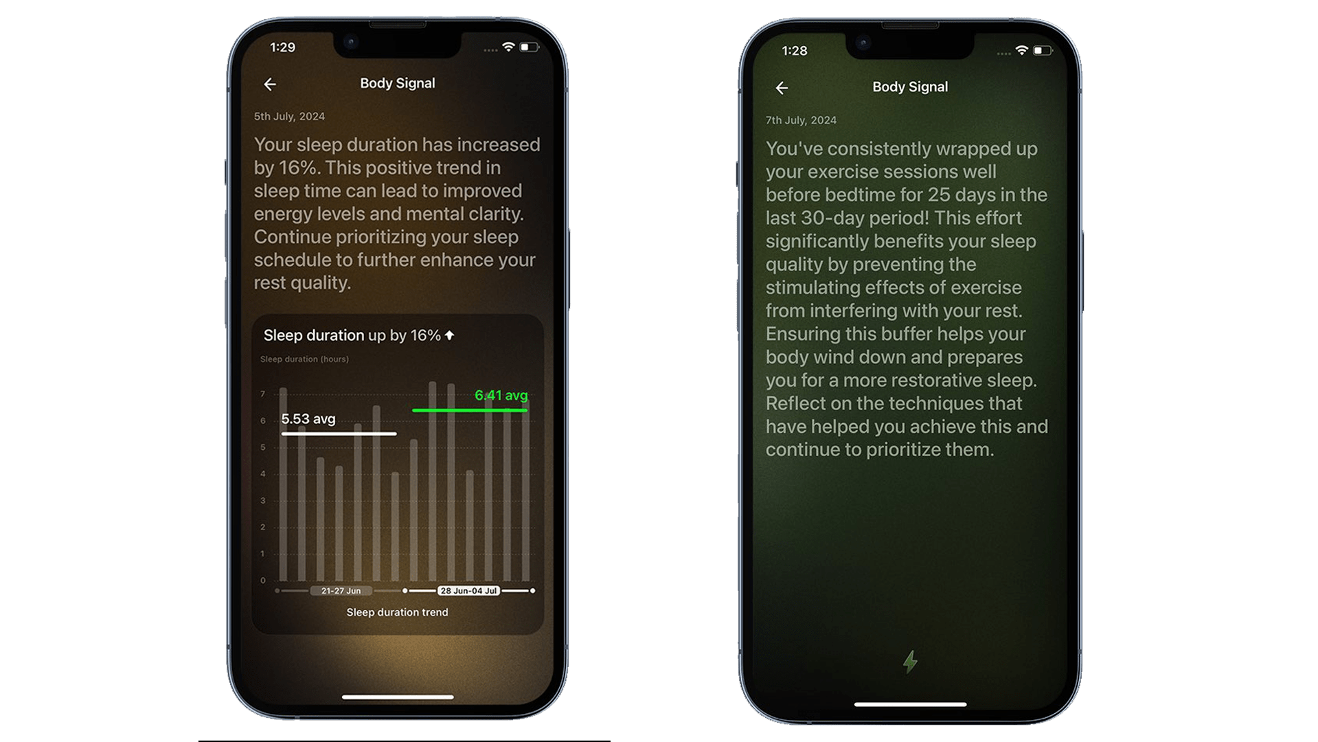 Captures d'écran de l'application Ultrahuman montrant les nouvelles fonctions Body Signal et Sleep Debt.