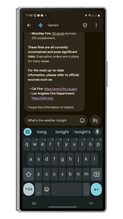 Capture du0027écran de lu0027interface Google Gemini affichant des informations sur lu0027incendie de Woodley et les évacuations.